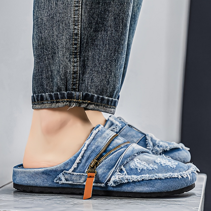 Distressed Denim Mules