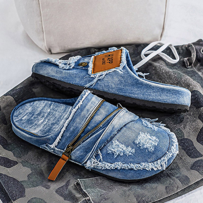 Distressed Denim Mules