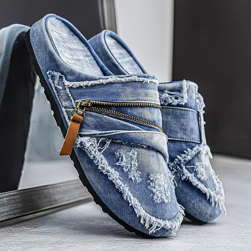 Distressed Denim Mules